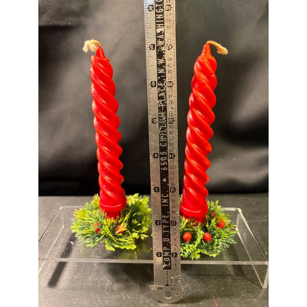 Vintage Red Spiral Taper Candles with Faux Greenery Berry Wreath Rings Set of 2